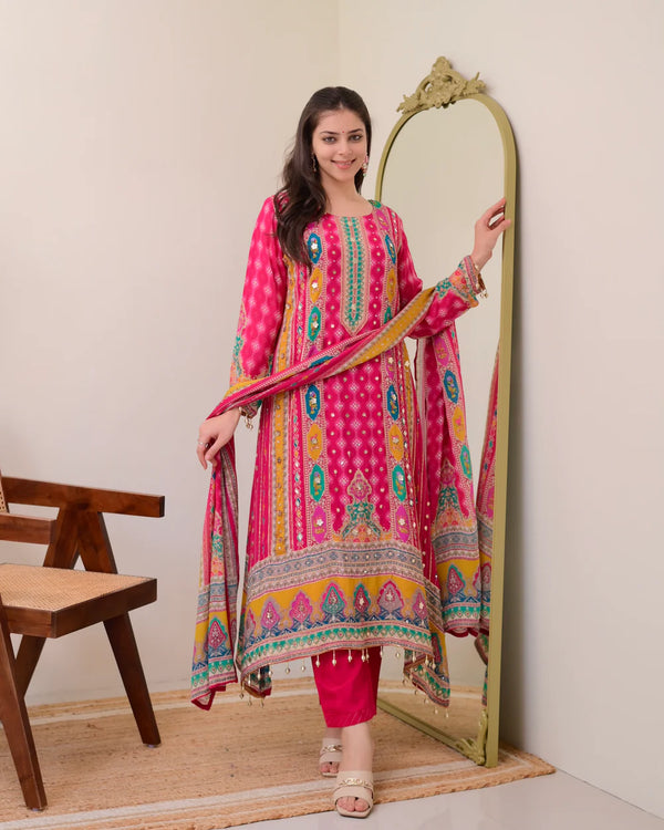 Liha Fashion - Fuchsia Heritage Muslin Cotton Mirror Work A-Line Suit Set