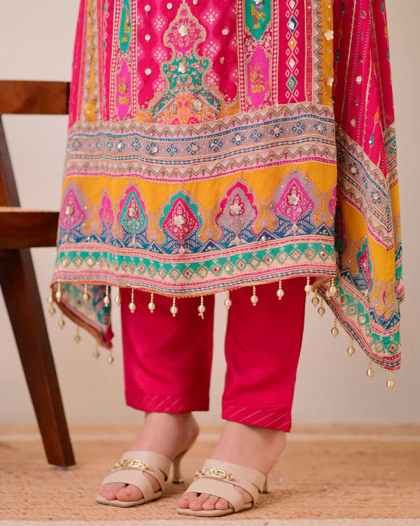 Liha Fashion - Fuchsia Heritage Muslin Cotton Mirror Work A-Line Suit Set