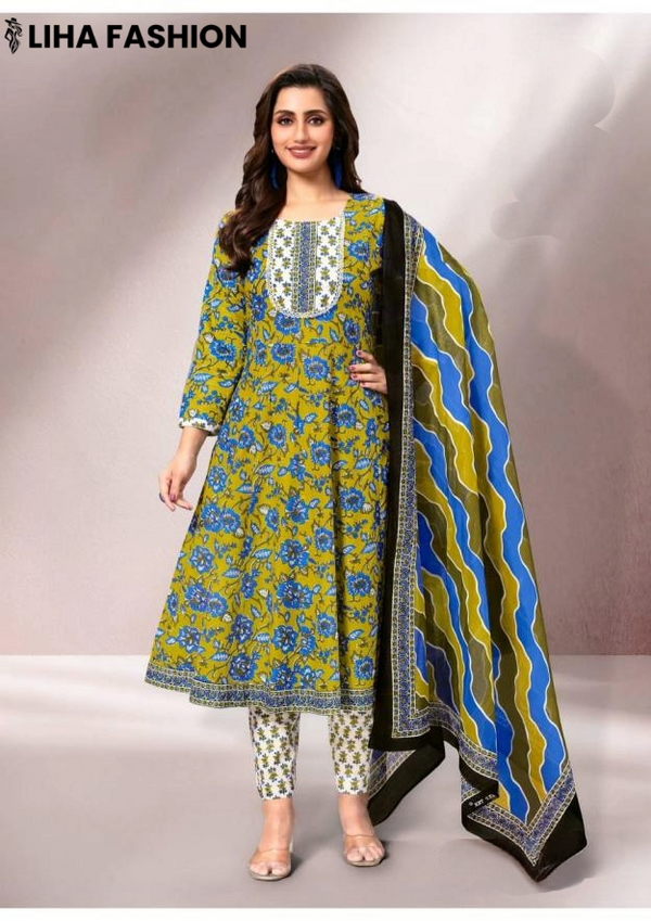 Gulabi Jaipur – Olive Blue Flora Wave | Cotton Anarkali Suit Set